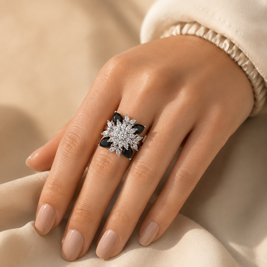 ZARINI Midnight Blossom Black & Clear Floral Statement Ring