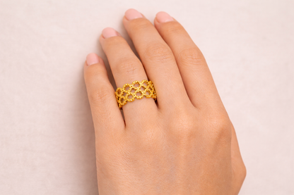 Zarini Gold-Plated Stainless Steel Honeycomb Pattern Adjustable Wide Band Ring (Anti-Tarnish)
