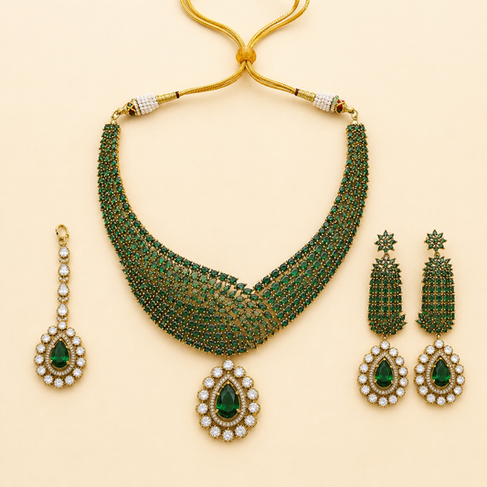 Zarini Meher Emerald Crystal Bridal Necklace Set