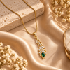 Green Emerald Pendant Necklace for Women | Gold-Tone Crystal Leaf Necklace
