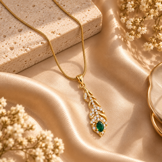 Green Emerald Pendant Necklace for Women | Gold-Tone Crystal Leaf Necklace