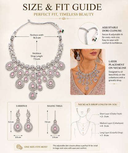 Zarini Blush Pink AD Bridal Necklace Set with Earrings & Maang Tikka