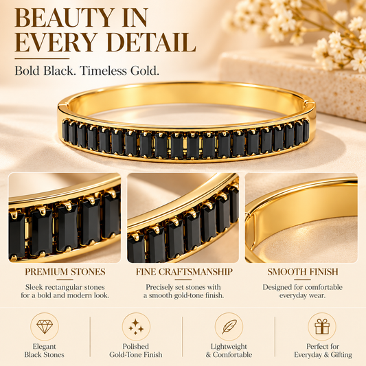 Zarini Black Stone Gold-Tone Bangle for Women | Elegant Statement Bracelet