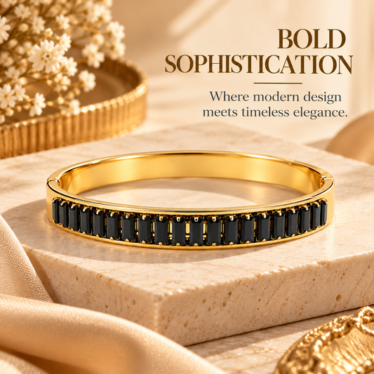 Zarini Black Stone Gold-Tone Bangle for Women | Elegant Statement Bracelet