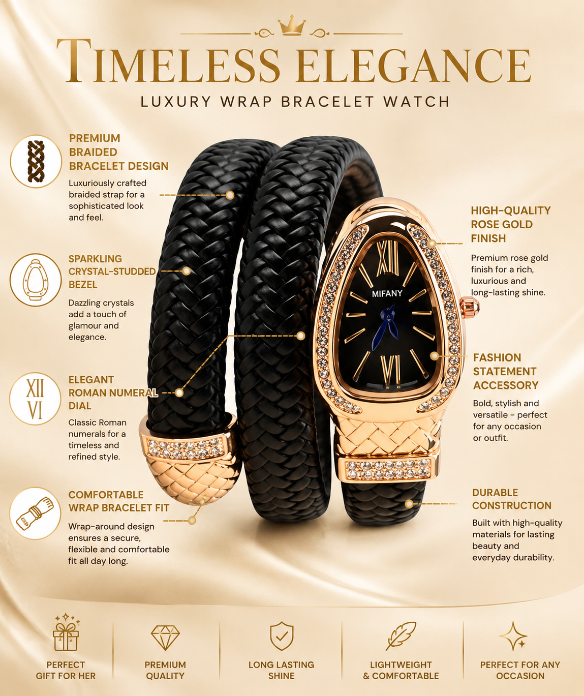 Zarini Luxe Crystal Black Woven Wrap Bracelet Watch for Women | Gold-Tone Designer Oval Dial