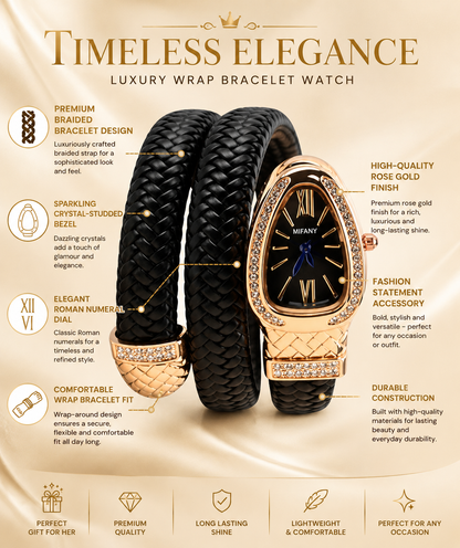 Zarini Luxe Crystal Black Woven Wrap Bracelet Watch for Women | Gold-Tone Designer Oval Dial