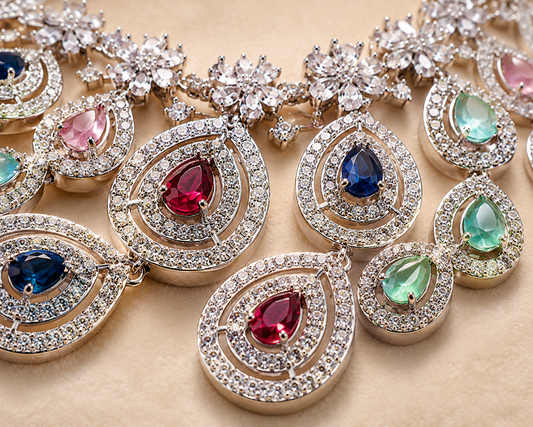 Zarini Royale Multicolor AD Stone Necklace Set with Earrings & Maang Tikka