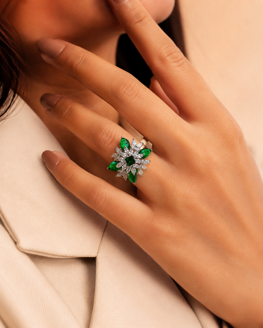 ZARINI Forest Blossom Silver-Toned Green Floral Statement Ring