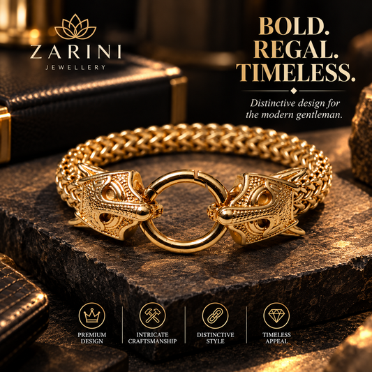 Zarini Gold-Tone Twin Animal Head Chain Bracelet for Men | Bold Statement Jewellery