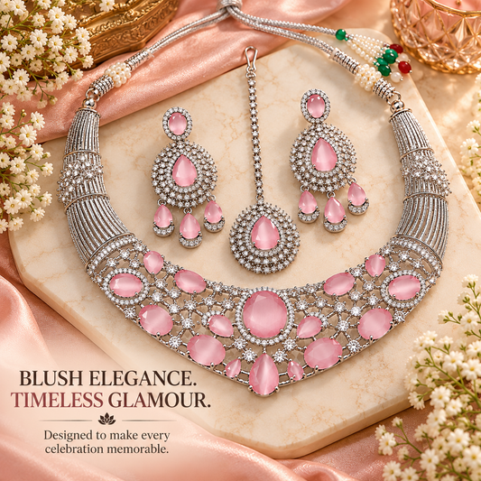 Zarini Pink Crystal Bridal Necklace Set with Earrings & Maang Tikka | Silver-Tone Wedding Jewellery