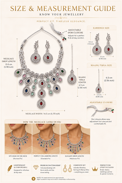 Zarini Royale Multicolor AD Stone Necklace Set with Earrings & Maang Tikka