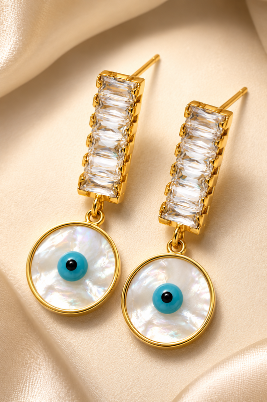 Zarini Gold-Tone Evil Eye Drop Earrings for Women | Crystal & Mother-of-Pearl Style Statement Earrings