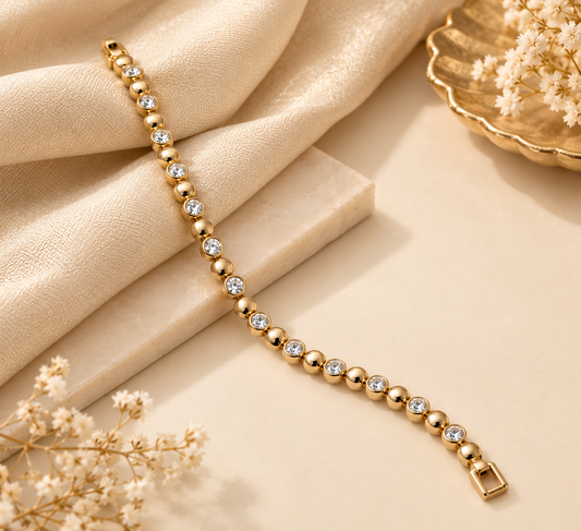 Golden Crystal Beaded Bracelet for Women | Elegant Round Stone &amp; Ball Chain Bracelet