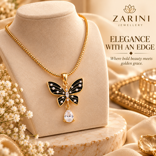 Zarini Black Butterfly Pendant Necklace for Women | Gold-Tone Pearl & Crystal Embellished Jewellery