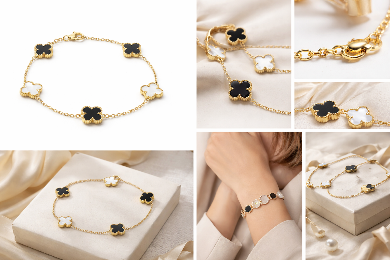 Zarini Black & White Clover Bracelet – Gold Plated Anti-Tarnish Dual-Tone Design
