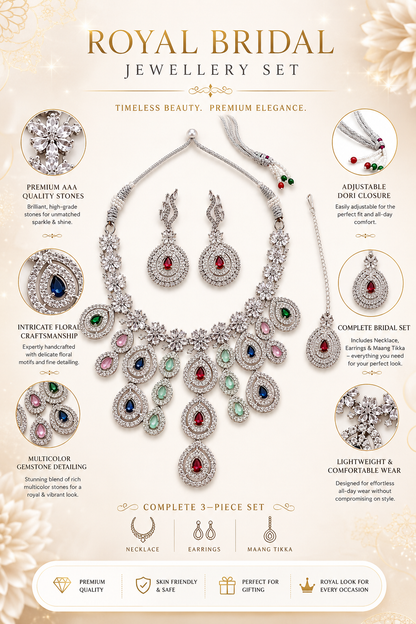 Zarini Royale Multicolor AD Stone Necklace Set with Earrings & Maang Tikka