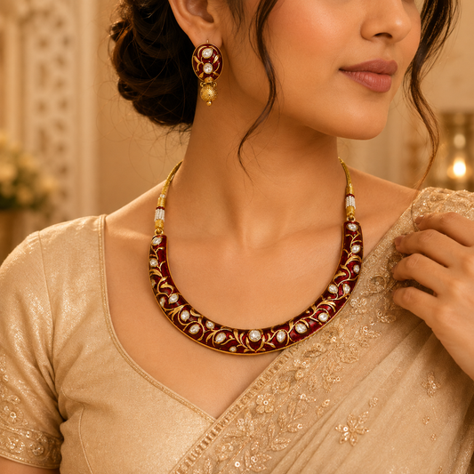 Zarini Aabha Crimson Meenakari Kundan Collar Set