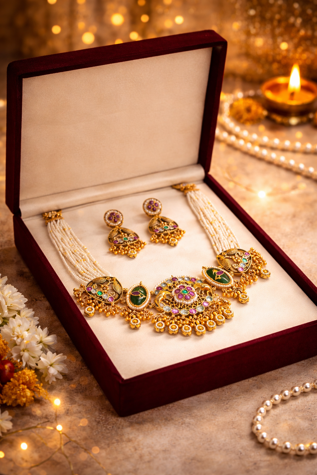 Zarini  Royal Pearl Temple Necklace Set