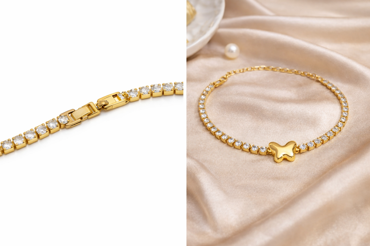 Gold Plated CZ Tennis Bracelet with Butterfly Charm – Anti-Tarnish Finish