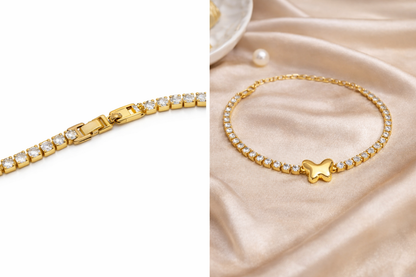 Gold Plated CZ Tennis Bracelet with Butterfly Charm – Anti-Tarnish Finish