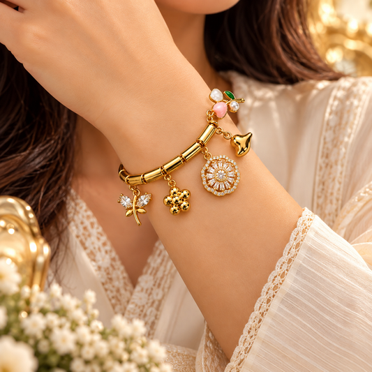 Zarini Gold-Tone Floral Charm Bracelet for Women | Crystal & Pearl-Style Charm Bracelet