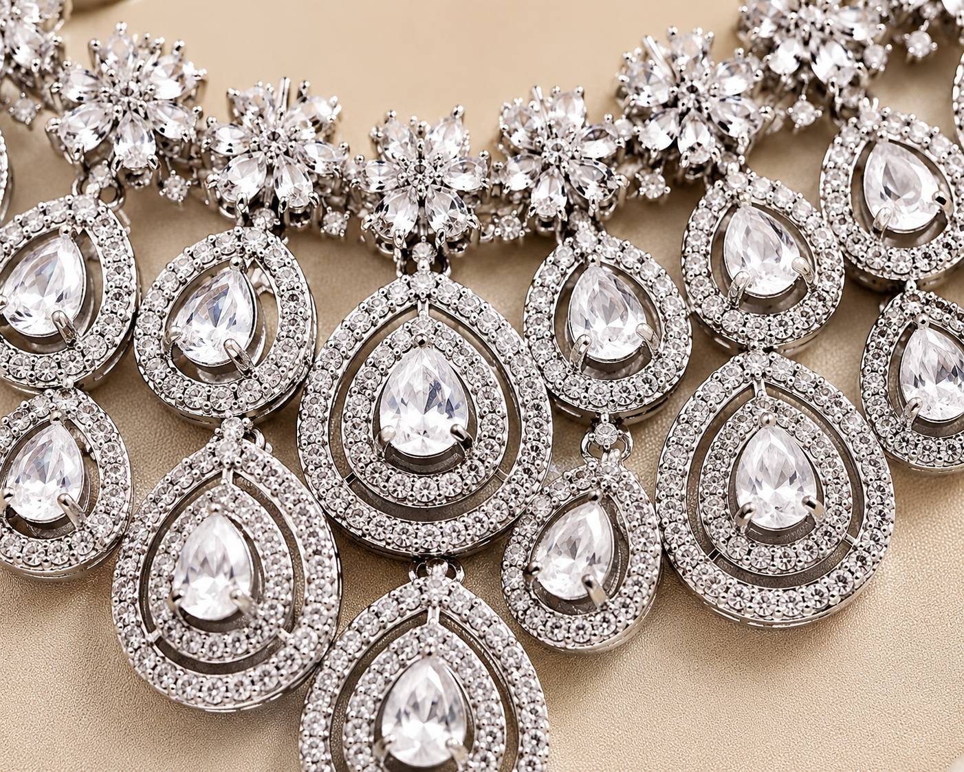 Zarini Royale Crystal Teardrop Bridal Necklace Set with Earrings & Maang Tikka
