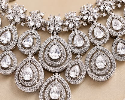 Zarini Royale Crystal Teardrop Bridal Necklace Set with Earrings & Maang Tikka