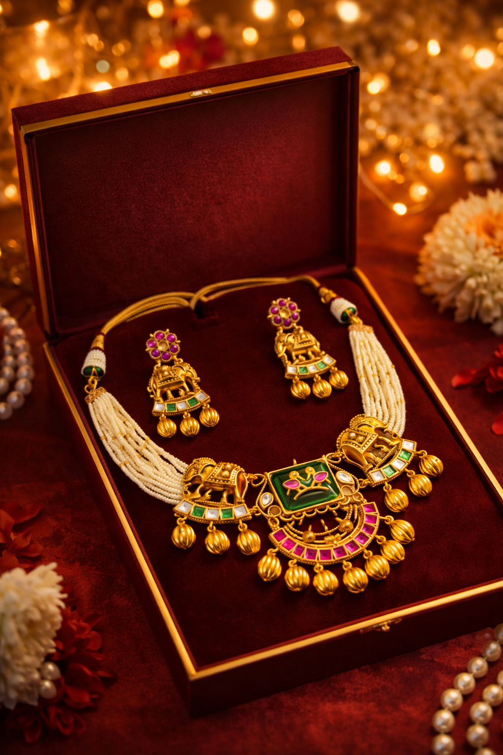 Zarini’s Royal Elephant Motif Pearl Kundan Necklace Set