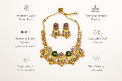 Zarini Royal Green Kundan Temple Necklace Set