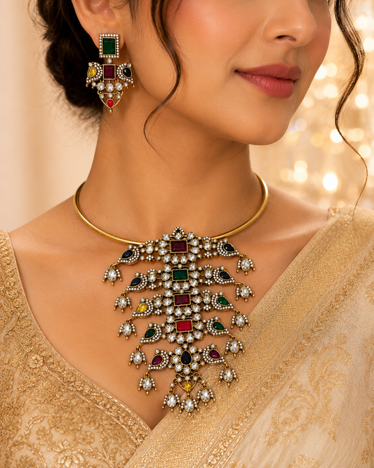 ZARINI Navratna Heritage Statement Necklace & Earrings Set