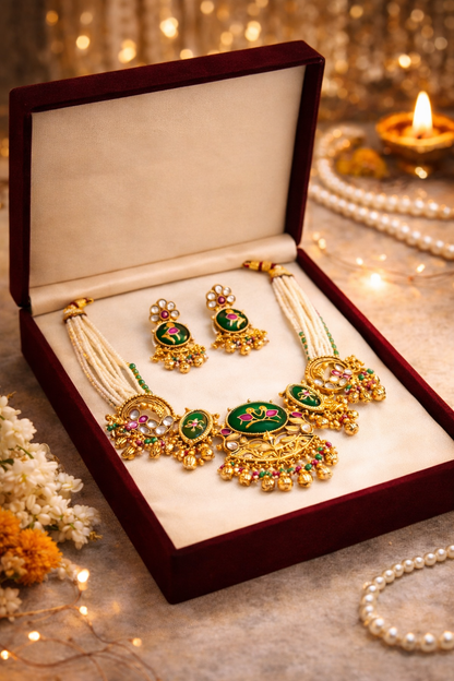Zarini’s Floral Peacock Pearl Kundan Necklace Set