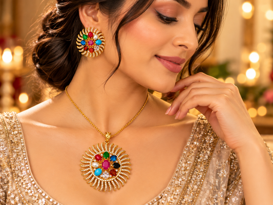 ZARINI Rangoli Radiance Multicolour Sunburst Pendant Set
