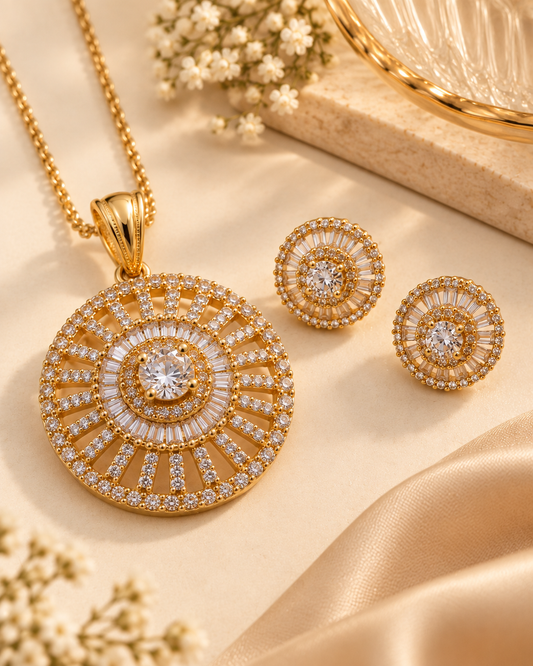 ZARINI Celestial Radiance Gold-Toned Sunburst Pendant Set