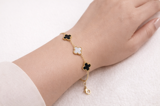 Zarini Black And White Clover Bracelet Gold Plated Anti Tarnish Dual Tone Design Showing Black And White Enamel Details