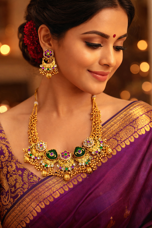 Zarini Royal Green Kundan Temple Necklace Set