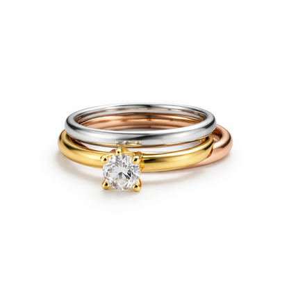 Zarini Trio Ring Set – Solitaire Gold Ring with Silver & Rose Gold Plain Bands (Anti-Tarnish)