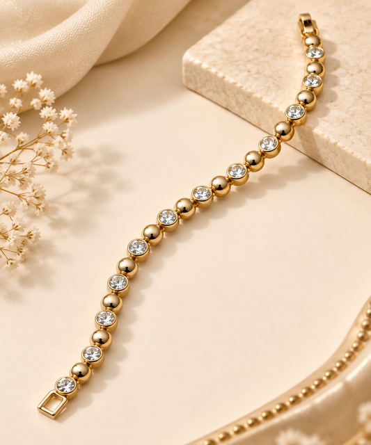 Golden Crystal Beaded Bracelet for Women | Elegant Round Stone &amp; Ball Chain Bracelet