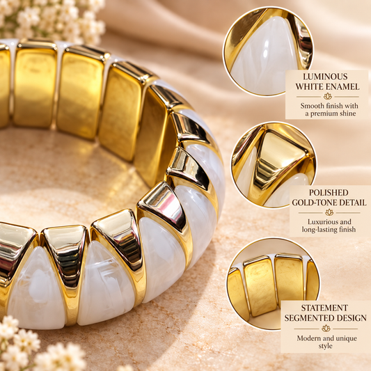 Zarini Ivory White & Gold-Tone Statement Bangle for Women | Elegant Enamel-Style Jewellery