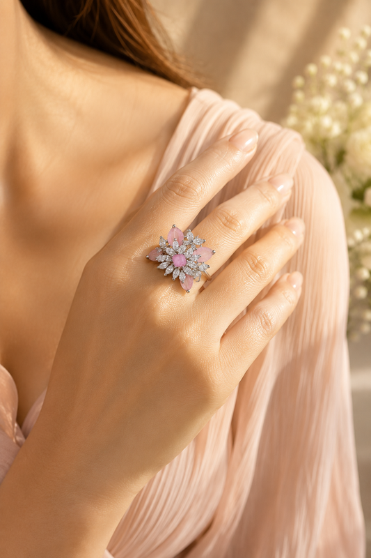 ZARINI Blush Blossom Silver-Toned Floral Statement Ring