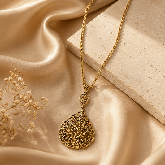 Zarini Avira Antique Gold Filigree Long Pendant Necklace