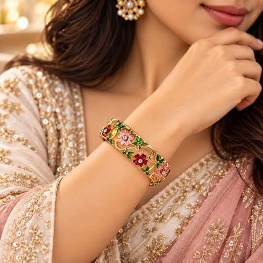 Zarini Gold-Tone Pink & Red Floral Enamel Bangle for Women