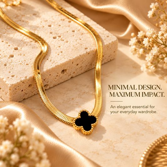 Zarini Black Clover Pendant Necklace for Women | Gold-Tone Herringbone Chain Jewellery