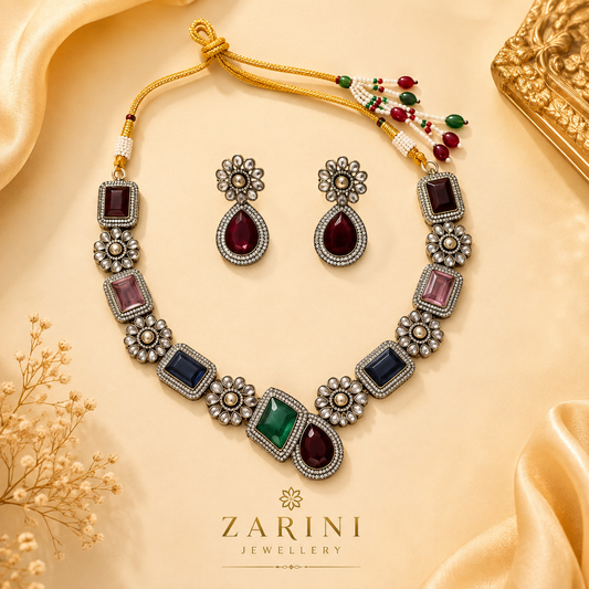 Zarini Navya Multicolour Kundan Necklace & Earrings Set