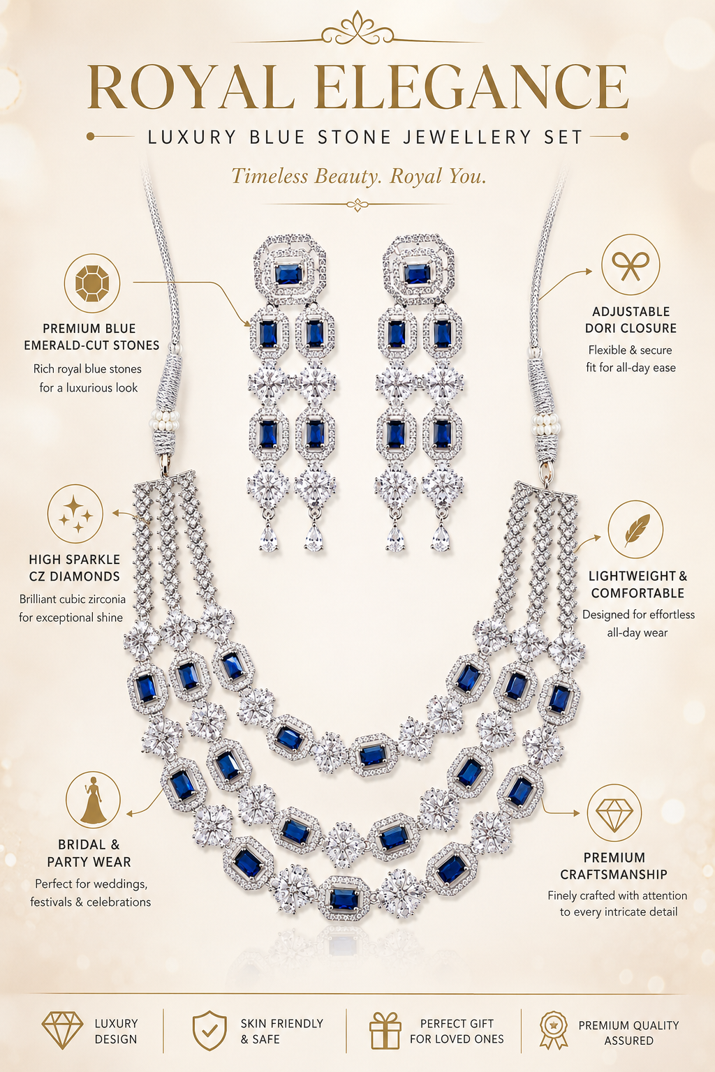 Zarini Royal Sapphire Crystal Layered Necklace Set with Statement Earrings