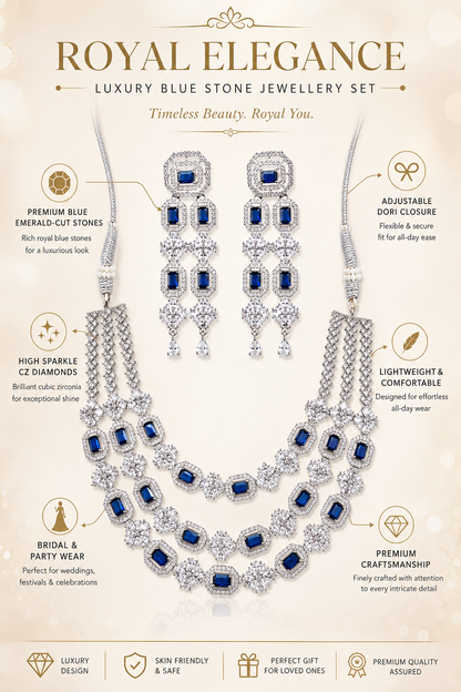 Zarini Royal Sapphire Crystal Layered Necklace Set with Statement Earrings