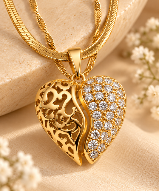 Gold Heart Pendant Necklace for Women | CZ Crystal Double-Layer Necklace