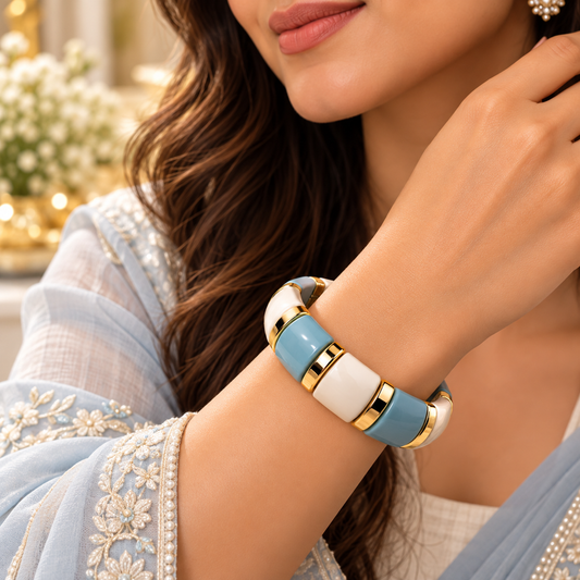 Zarini Blue & Ivory Enamel Bracelet for Women with Gold-Tone Accents