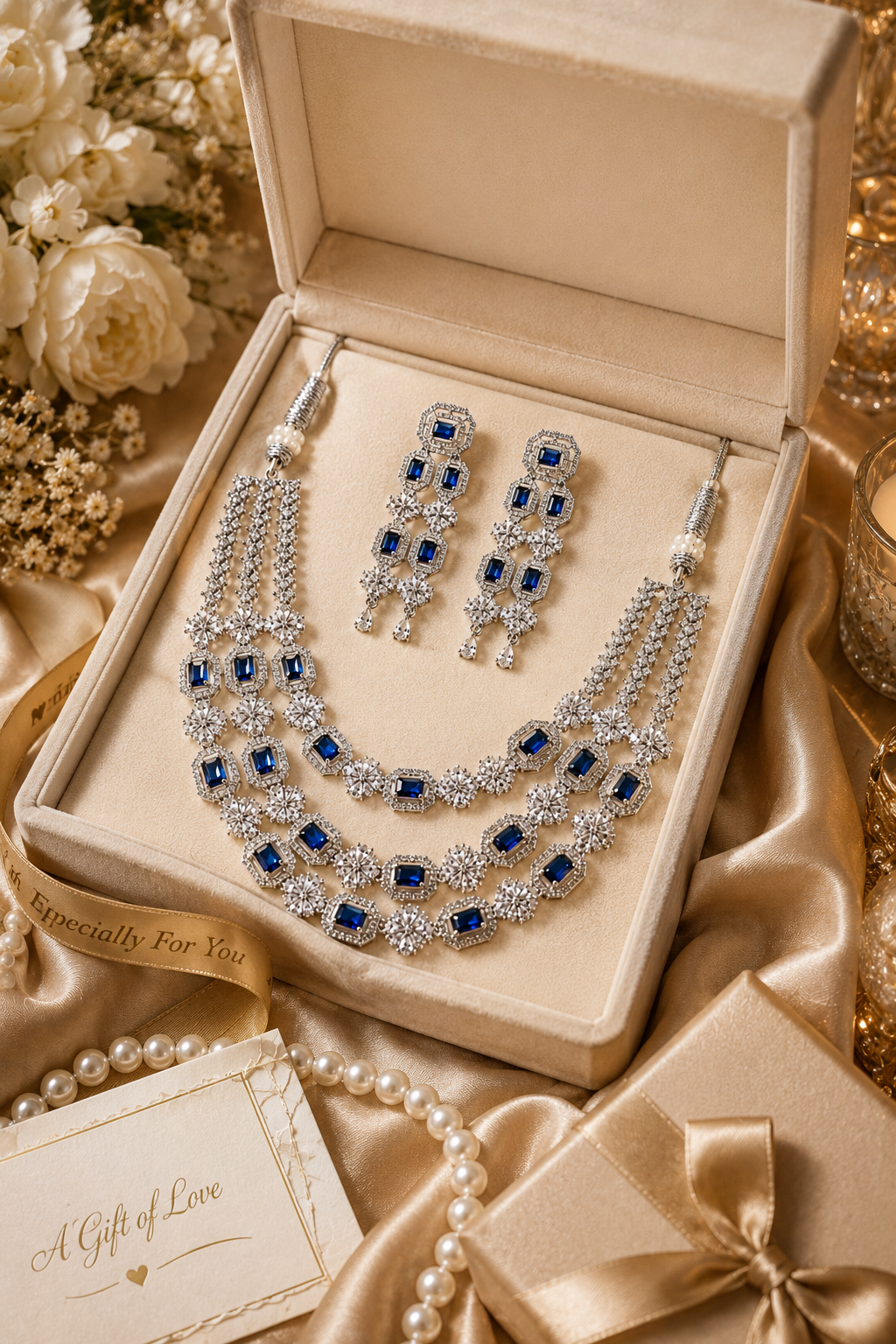 Zarini Royal Sapphire Crystal Layered Necklace Set with Statement Earrings