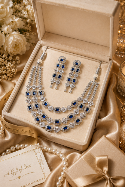 Zarini Royal Sapphire Crystal Layered Necklace Set with Statement Earrings
