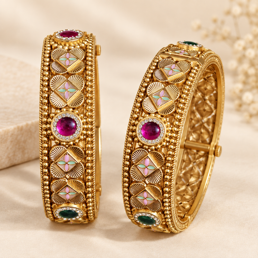 Zarini Gold-Toned Floral Kada Bangles with Pink & Mint Enamel and Coloured Stones – Set of 2
